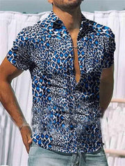 Short sleeve button-down shirt in bold abstract leopard print, Sky Blue.