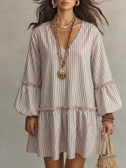 Striped Balloon Sleeve Mini Dress Plus Size in Light Green, fit detail