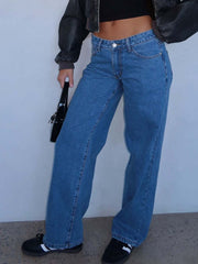Blue denim wide-leg jeans with contrast stitching and button fly.
