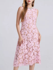 Pink lace dress with floral pattern, embellished neckline, and midi length.