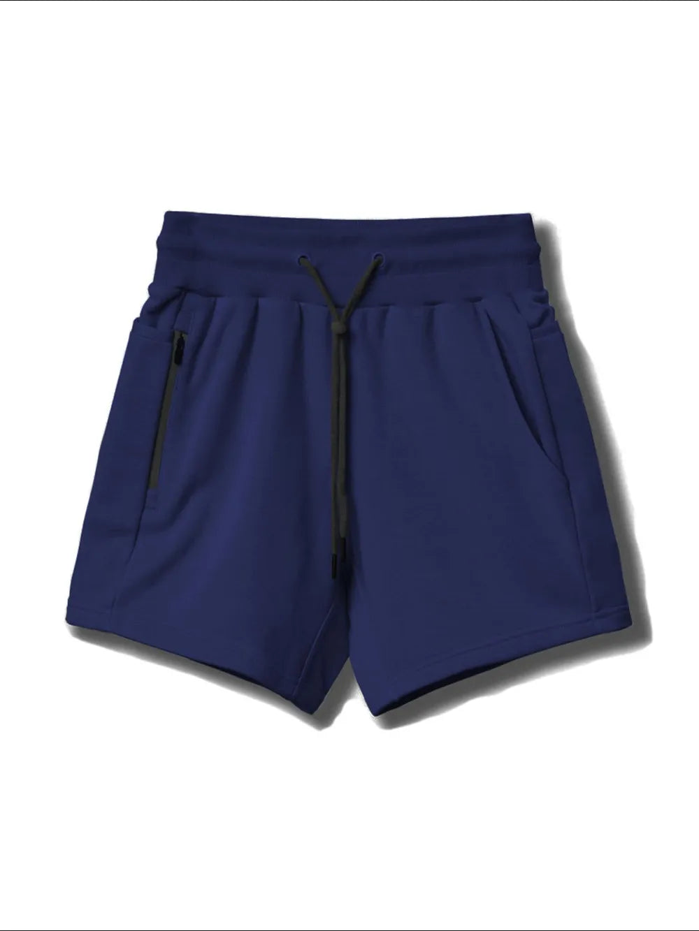 Navy fleece jogger shorts with drawcord and zippered pocket detail.