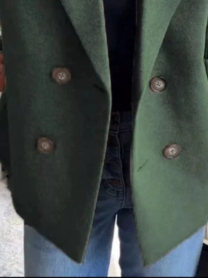 Green double-breasted wool blend blazer with brown buttons