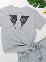 Gray t-shirt with black angel wings graphic and knot-front detail