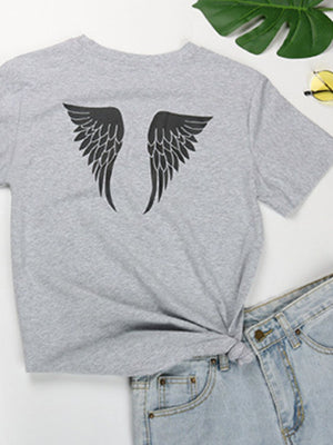 Gray t-shirt with black angel wings graphic and knot-front detail