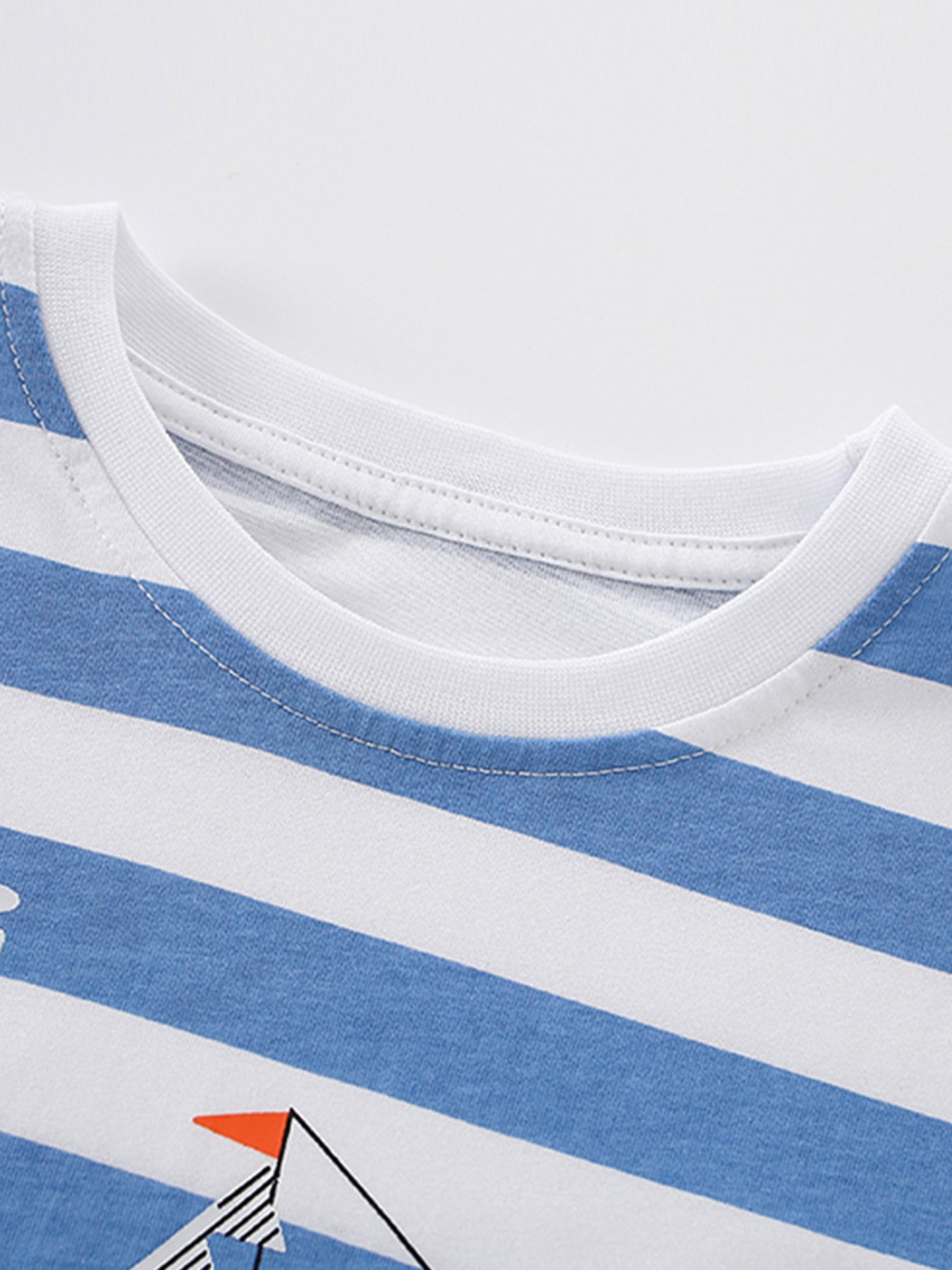 Toddler blue and white striped cotton t-shirt with crew neck and mountain graphic.