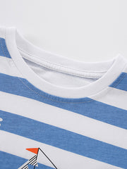 Toddler blue and white striped cotton t-shirt with crew neck and mountain graphic.