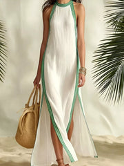 Full Size Slit Striped Sleeveless Maxi Dress in Green, model styling view