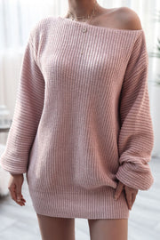 Off-the-shoulder ribbed knit mini dress in blush pink with long sleeves.