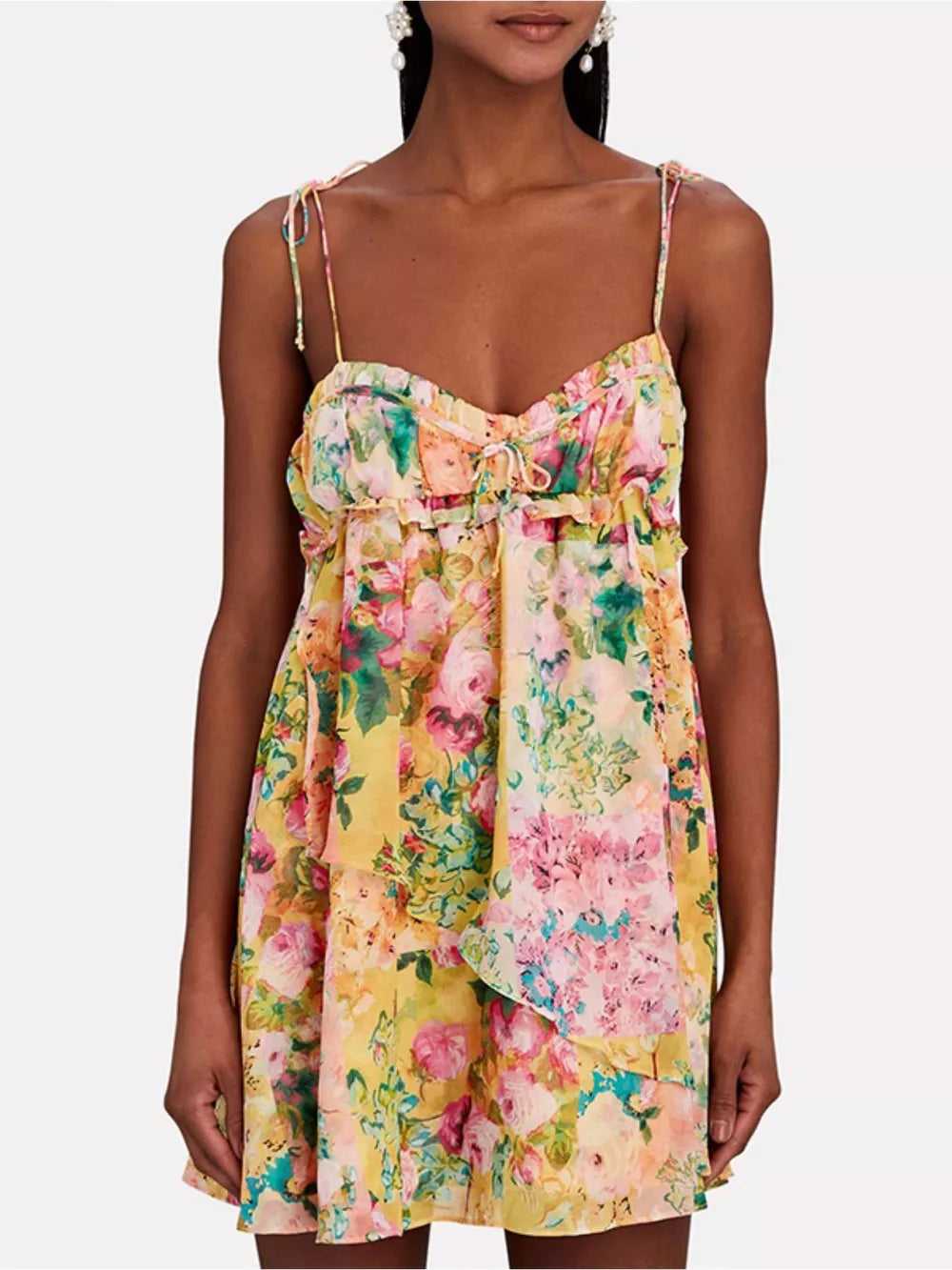 Ruffled floral mini dress with tie straps and sweetheart neckline