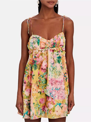Ruffled floral mini dress with tie straps and sweetheart neckline