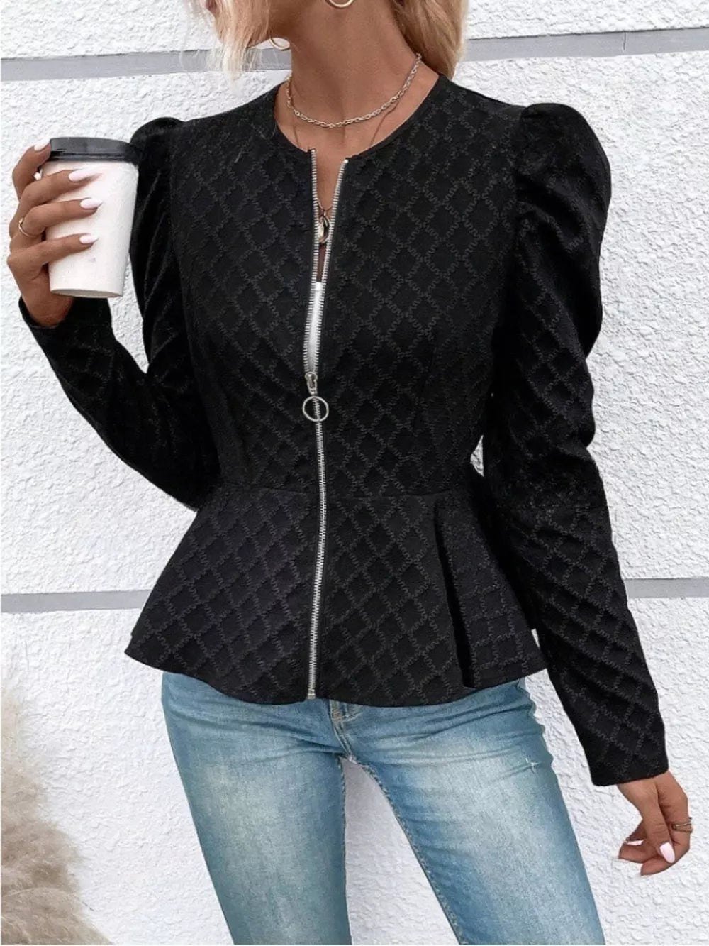 Puff Sleeve Textured Jacquard Jacket in Pink, side view