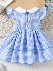 Pastel blue gingham baby dress with white collar and flutter sleeves.