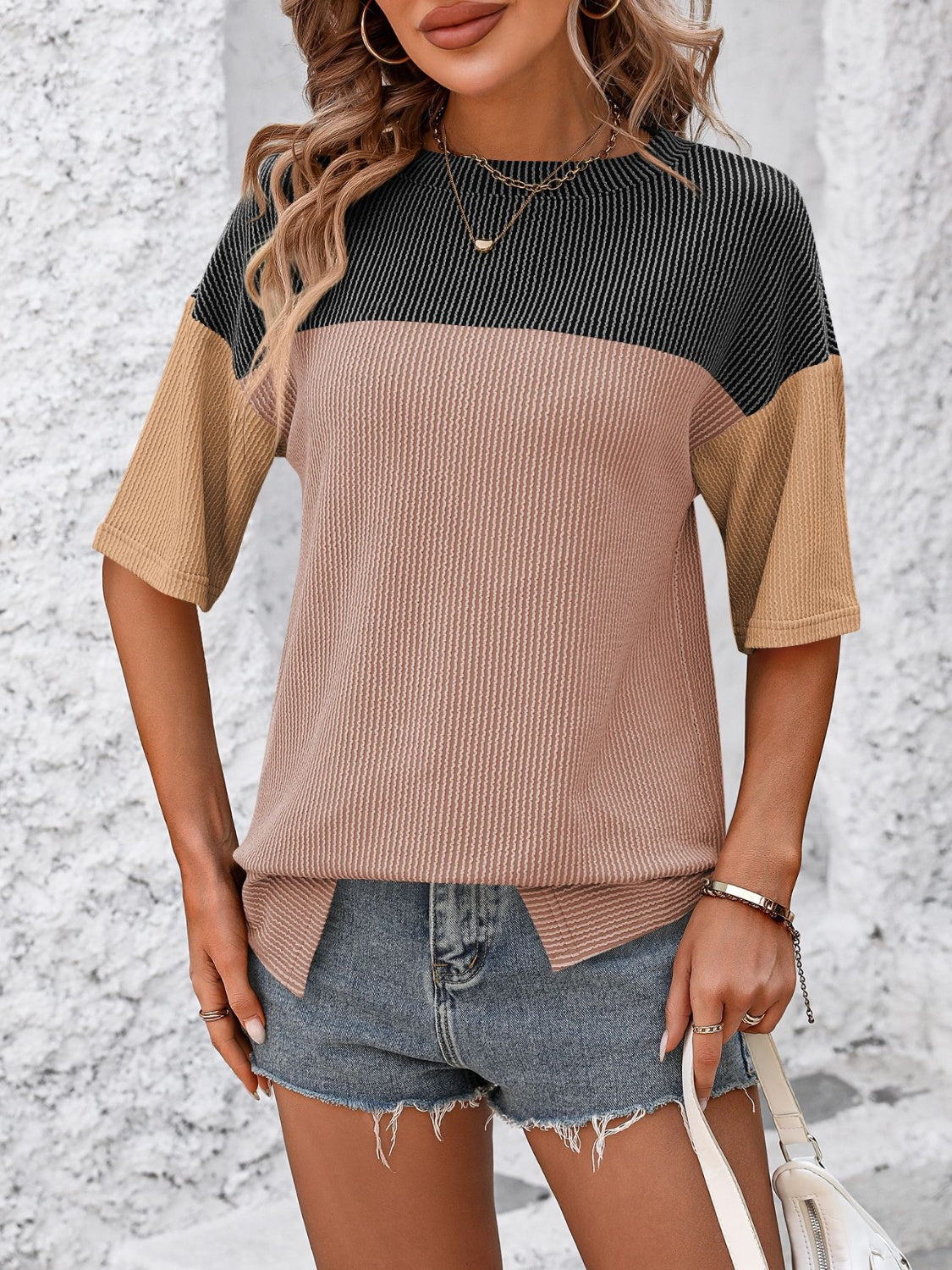 Mandy Color Pop T-Shirt in Black/Camel with striped detail and waffle knit texture.