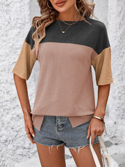 Mandy Color Pop T-Shirt in Black/Camel with striped detail and waffle knit texture.