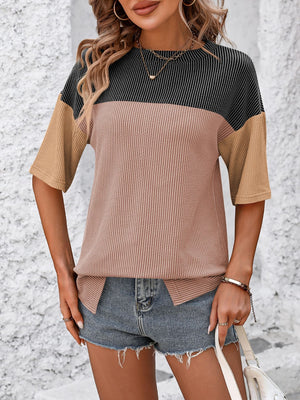 Mandy Color Pop T-Shirt in Black/Camel with striped detail and waffle knit texture.