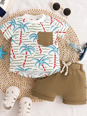Children's Palm Tree Print T-shirt And Shorts Set in Caramel, side view