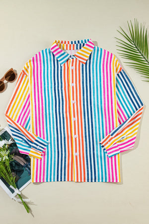 Rainbow stripe relaxed fit button-down shirt with a collar and long sleeves.