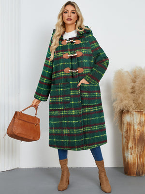 Dark green tartan toggle hooded coat with leather details and pockets.