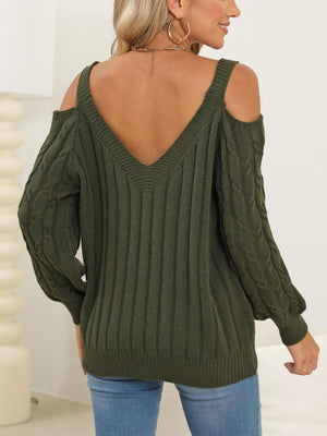 Army green cable knit cold shoulder sweater with V-neck and balloon sleeves.