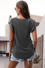 Dark Gray ruffled sleeve tee with a scoop neck, styled with denim shorts.