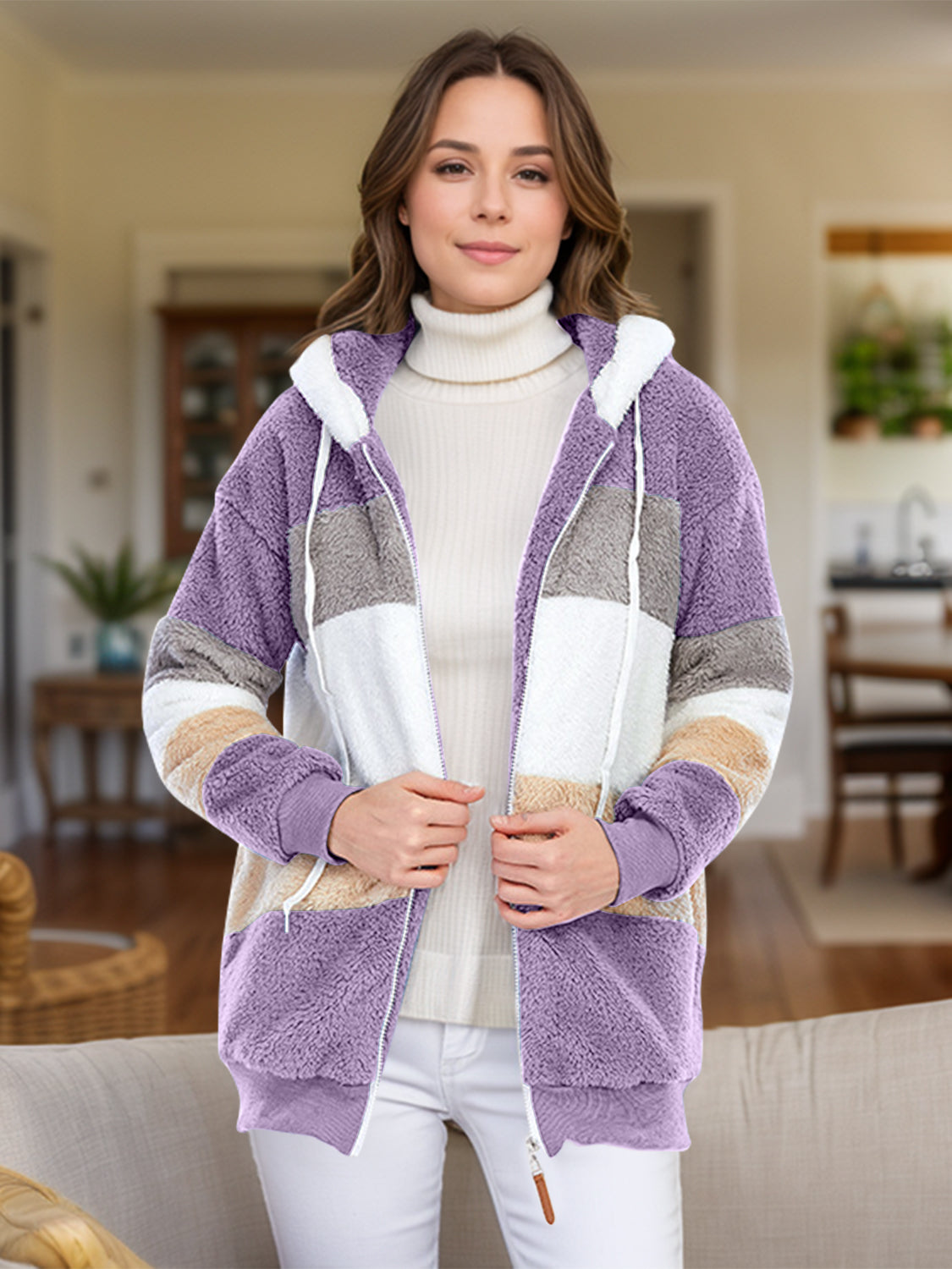 Teddy fleece zip-up hoodie with color blocks in lavender, white, grey, and tan.