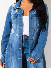 Distressed light wash denim duster coat with button front and frayed details.