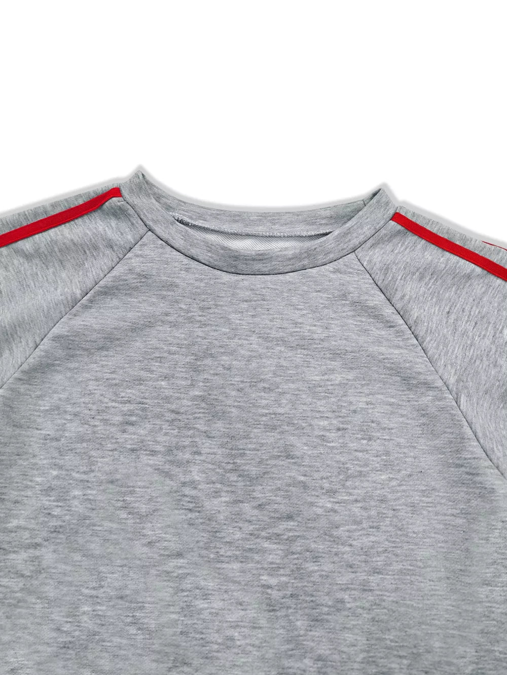 Grey loungewear set sweatshirt with red stripe detail on raglan sleeves and neckline.