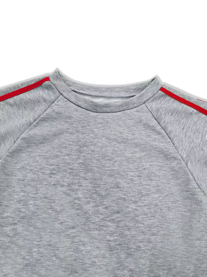 Grey loungewear set sweatshirt with red stripe detail on raglan sleeves and neckline.