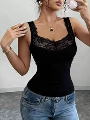 Black lace V-neck tank top with floral lace trim and a fitted silhouette.