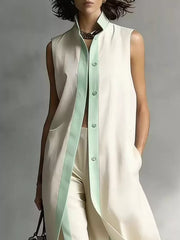 Sleeveless Longline Vest And Wide-leg Pants Set in Pink, model styling view
