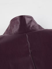 Stand Collar Belted Faux Leather Jacket in Wine Red, view 21