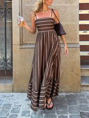 Cutout Back Striped Maxi Dress in White, side view