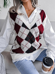 Argyle knit v-neck sweater vest in burgundy, black, and white acrylic.