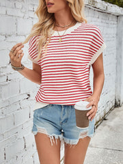 Textured stripe knit top with cap sleeves in white and scarlet, crew neck, casual style.