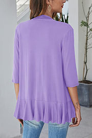 Lavender cardigan with 3/4 sleeves and asymmetrical ruffle hem