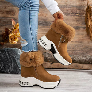 Brown plush ankle boots with side zipper, fur trim, and air cushion sole.
