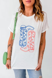White t-shirt with red and blue cowboy boot graphic with stars and stripes detail
