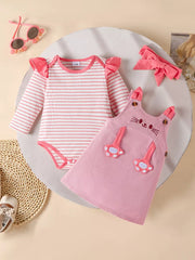 Pink striped long sleeve bodysuit with ruffled sleeves and matching cat-face pinafore dress.