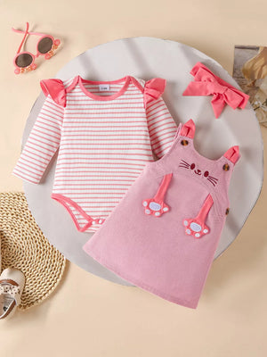Pink striped long sleeve bodysuit with ruffled sleeves and matching cat-face pinafore dress.