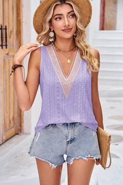 Lavender eyelet V-neck tank top with lace trim detail