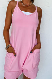 Pink spaghetti strap romper with patch pockets, V-neck, cotton, casual style