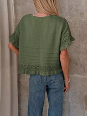 Army green knit top with crew neck, short sleeves, and delicate lace trim.
