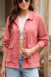 Washed cotton utility jacket in Burnt Coral with snap front and chest pockets.