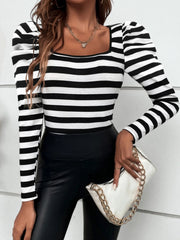 Black ribbed stripe puff sleeve top with square neckline