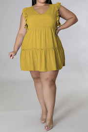 Mustard tiered ruffle babydoll mini dress with V-neck and flutter sleeves.