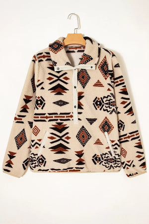 Aztec Print Fleece Snap Down Sweatshirt in Black, alternate angle