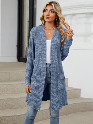 Dusty blue ribbed knit duster cardigan with pockets and open front.