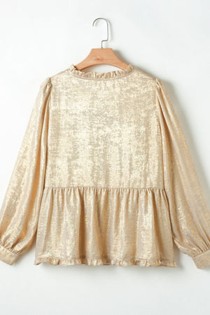 Metallic gold blouse with gathered sleeves, ruffled neckline and hem
