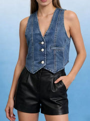 Chic button-down denim vest in dark blue with white buttons and a V-neck.