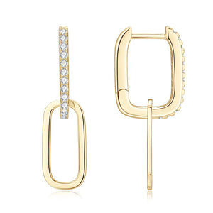 Gold geometric moissanite drop earrings with link design and pave stones.